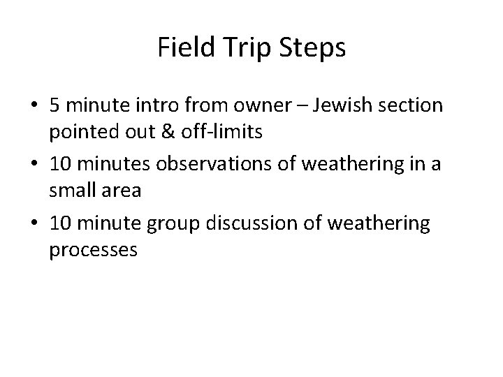 Field Trip Steps • 5 minute intro from owner – Jewish section pointed out