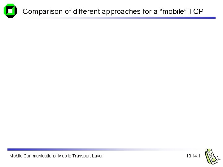 Comparison of different approaches for a “mobile” TCP Mobile Communications: Mobile Transport Layer 10.