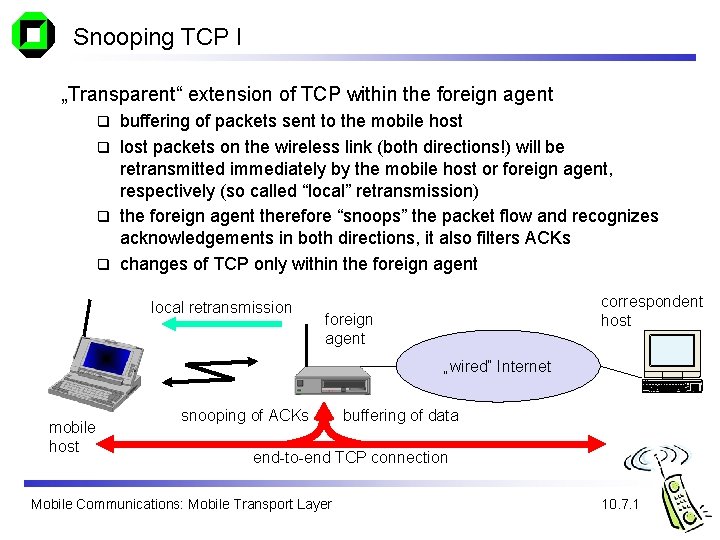 Snooping TCP I „Transparent“ extension of TCP within the foreign agent buffering of packets