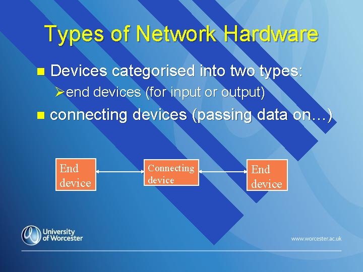 Types of Network Hardware n Devices categorised into two types: Øend devices (for input