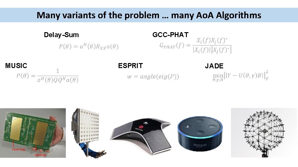 Many variants of the problem … many Ao. A Algorithms Delay-Sum MUSIC GCC-PHAT ESPRIT