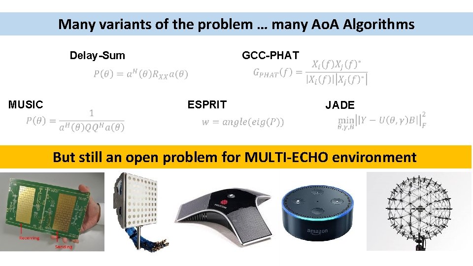 Many variants of the problem … many Ao. A Algorithms Delay-Sum MUSIC GCC-PHAT ESPRIT