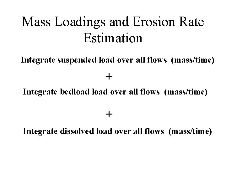 Mass Loadings and Erosion Rate Estimation Integrate suspended load over all flows (mass/time) +