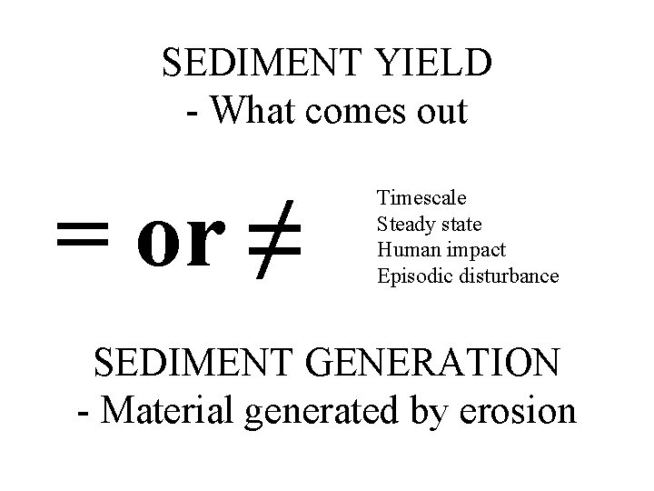 SEDIMENT YIELD - What comes out = or ≠ Timescale Steady state Human impact
