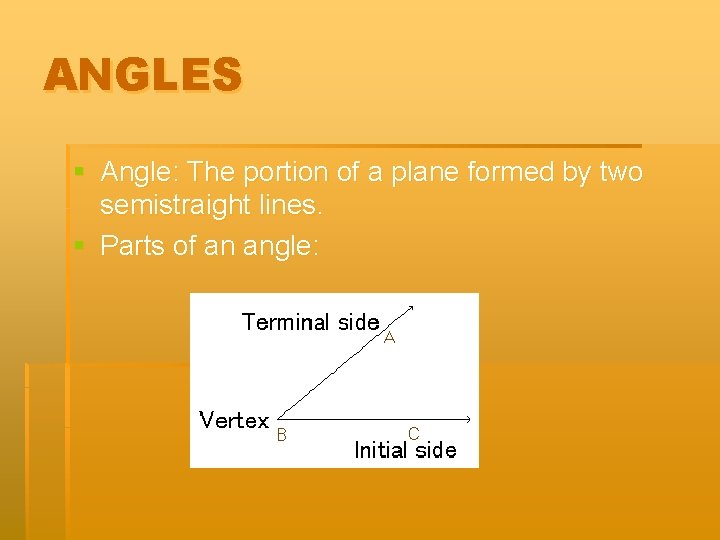 ANGLES § Angle: The portion of a plane formed by two semistraight lines. §