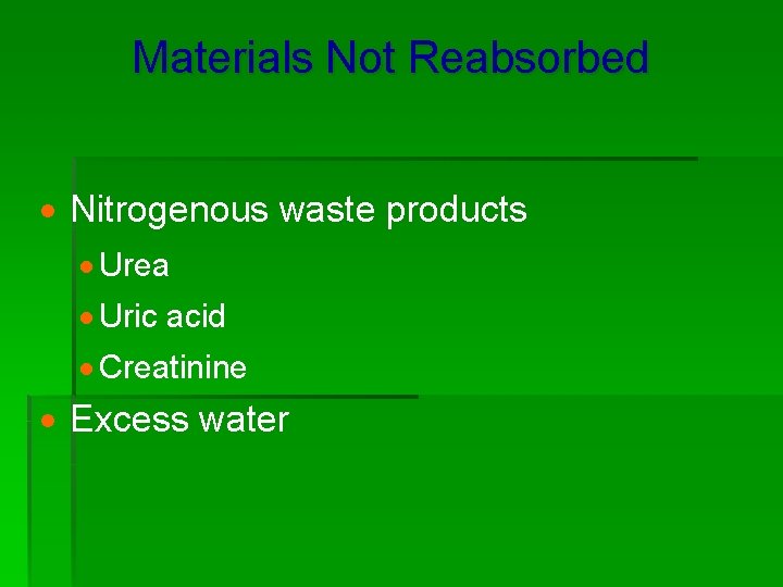 Materials Not Reabsorbed · Nitrogenous waste products · Urea · Uric acid · Creatinine