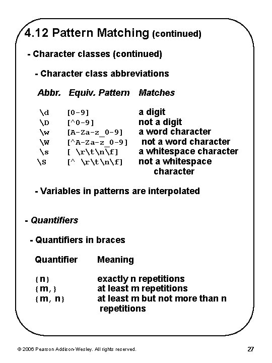 4. 12 Pattern Matching (continued) - Character classes (continued) - Character class abbreviations Abbr. 4. 12 Pattern Matching (continued) - Character classes (continued) - Character class abbreviations Abbr.
