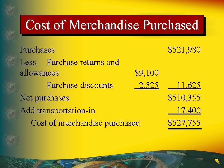 Cost of Merchandise Purchased Purchases Less: Purchase returns and allowances $9, 100 Purchase discounts