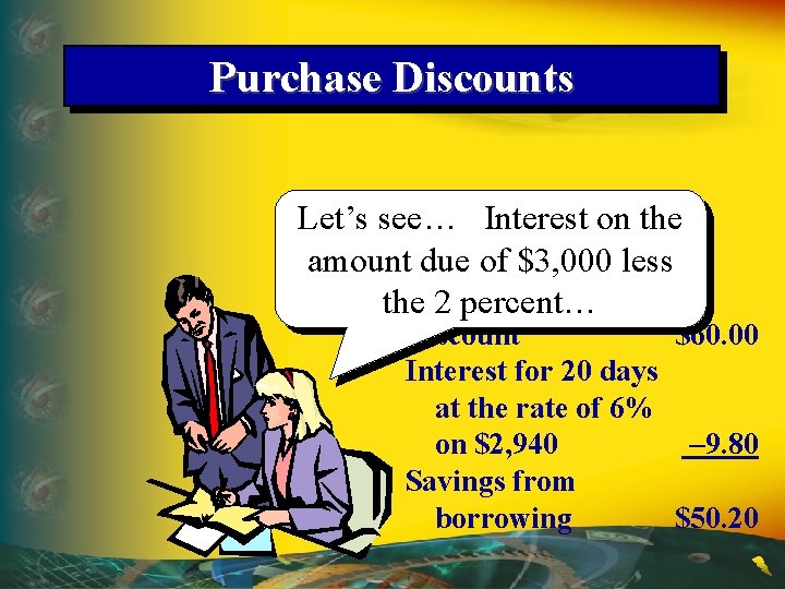 Purchase Discounts Let’s see… Interest on the amount due of $3, 000 less the