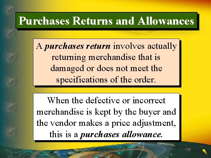 Purchases Returns and Allowances A purchases return involves actually returning merchandise that is damaged
