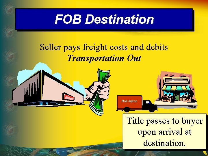 FOB Destination Seller pays freight costs and debits Transportation Out Fruit Express Title passes