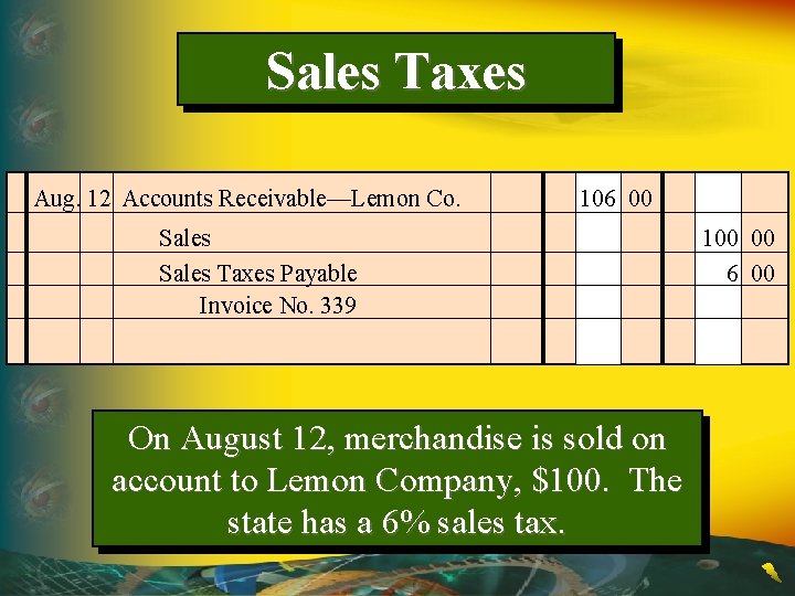 Sales Taxes Aug. 12 Accounts Receivable—Lemon Co. 106 00 Sales Taxes Payable Invoice No.