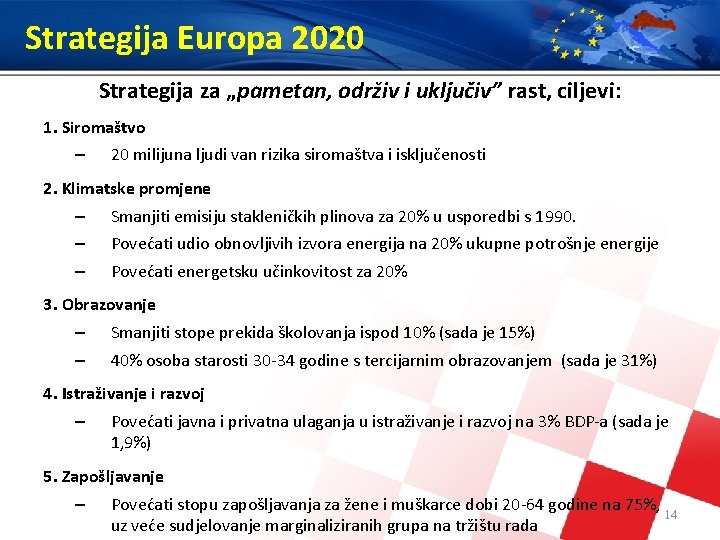 Strategija Europa 2020 Strategija za „pametan, održiv i uključiv” rast, ciljevi: 1. Siromaštvo –