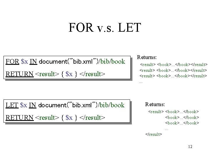 FOR v. s. LET FOR $x IN document("bib. xml")/bib/book RETURN <result> { $x }