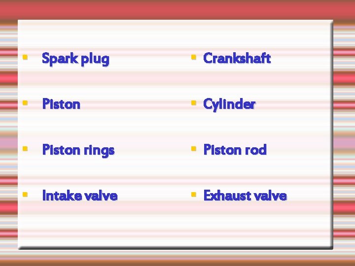  Spark plug Crankshaft Piston Cylinder Piston rings Piston rod Intake valve Exhaust valve