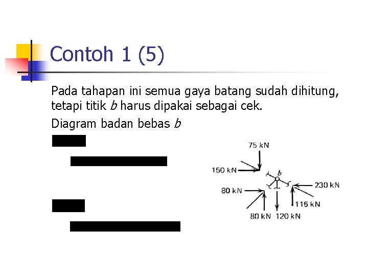 Contoh 1 (5) Pada tahapan ini semua gaya batang sudah dihitung, tetapi titik b