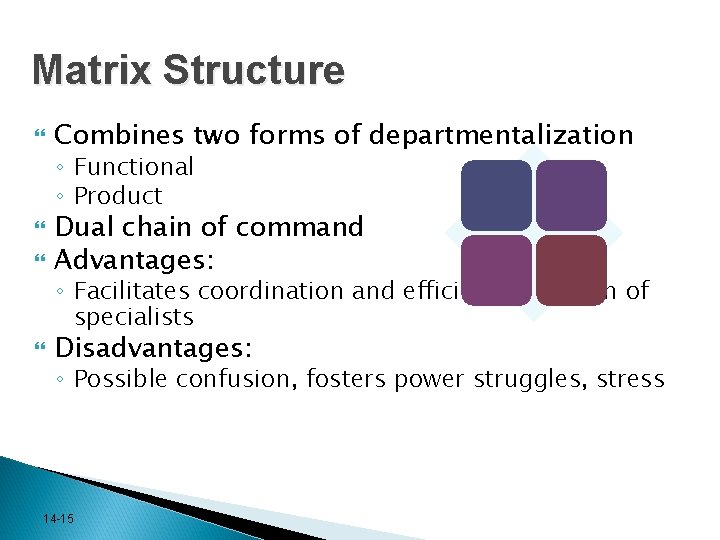 Matrix Structure Combines two forms of departmentalization ◦ Functional ◦ Product Dual chain of