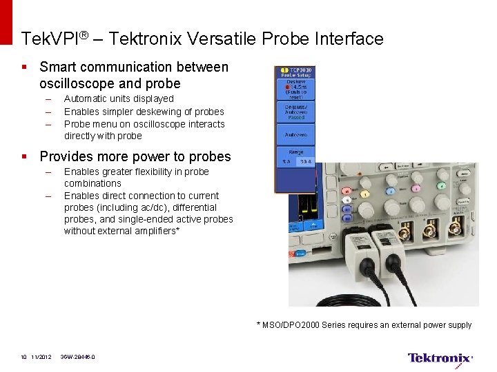 Tek. VPI® – Tektronix Versatile Probe Interface § Smart communication between oscilloscope and probe