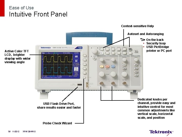 Ease of Use Intuitive Front Panel Context-sensitive Help Autoset and Autoranging On the back