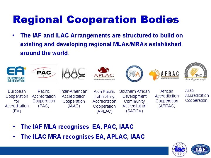 Regional Cooperation Bodies • The IAF and ILAC Arrangements are structured to build on