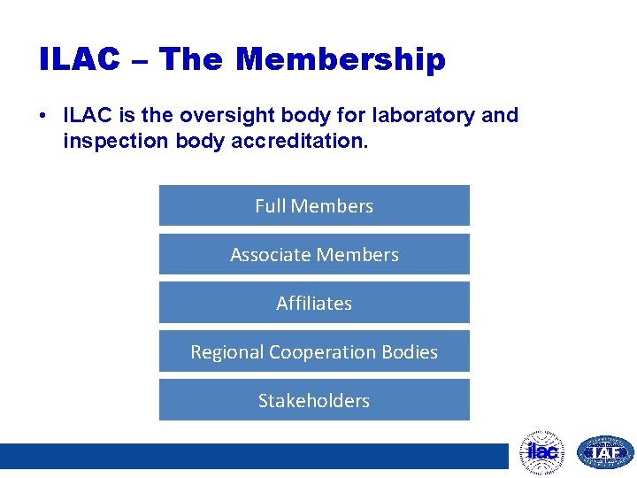 ILAC – The Membership • ILAC is the oversight body for laboratory and inspection