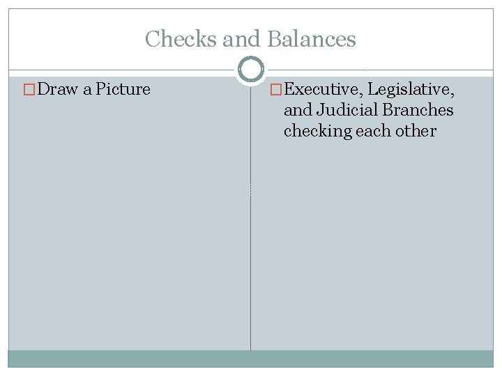 Checks and Balances �Draw a Picture �Executive, Legislative, and Judicial Branches checking each other