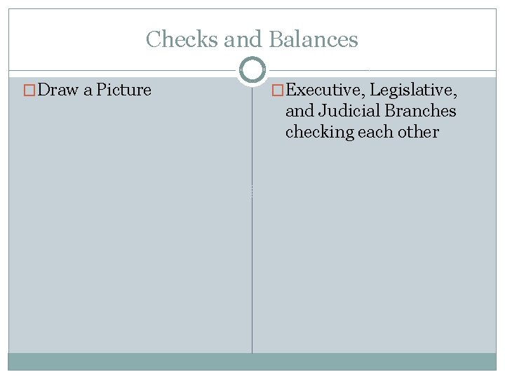 Checks and Balances �Draw a Picture �Executive, Legislative, and Judicial Branches checking each other Checks and Balances �Draw a Picture �Executive, Legislative, and Judicial Branches checking each other