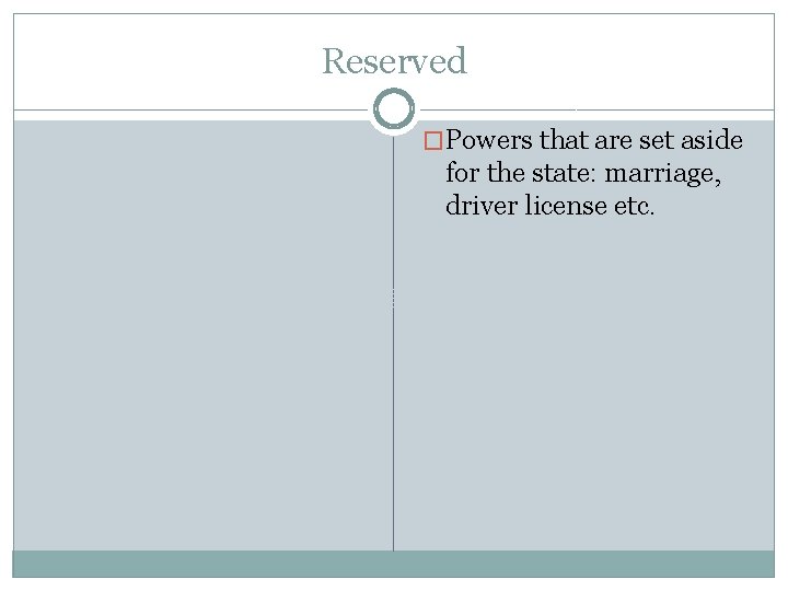 Reserved �Powers that are set aside for the state: marriage, driver license etc. Reserved �Powers that are set aside for the state: marriage, driver license etc.