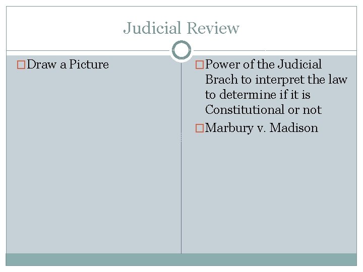 Judicial Review �Draw a Picture �Power of the Judicial Brach to interpret the law