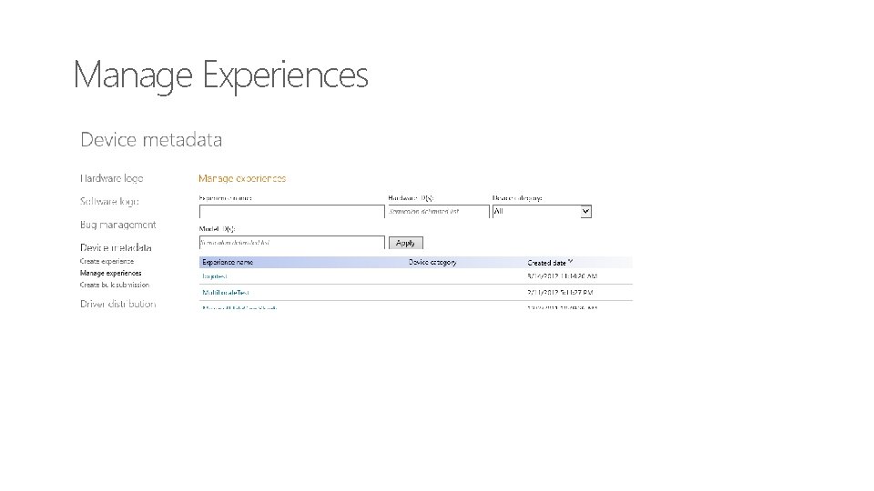 Manage Experiences 