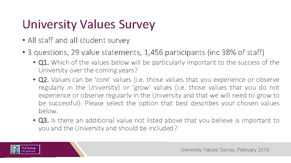 University Values Survey • All staff and all student survey • 3 questions, 29