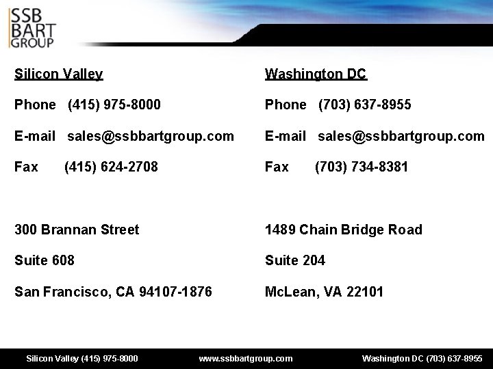 For More Information Silicon Valley Washington DC Phone (415) 975 -8000 Phone (703) 637