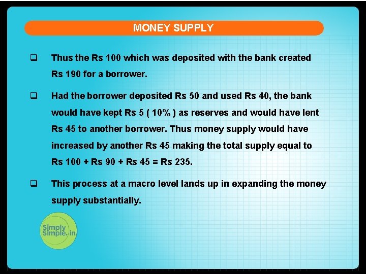 MONEY SUPPLY q Thus the Rs 100 which was deposited with the bank created