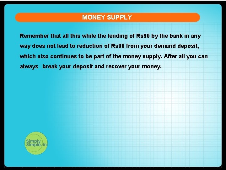MONEY SUPPLY Remember that all this while the lending of Rs 90 by the