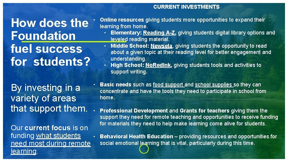 CURRENT INVESTMENTS How does the Foundation fuel success for students? • Online resources giving