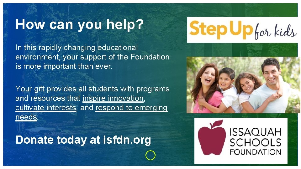 How can you help? In this rapidly changing educational environment, your support of the