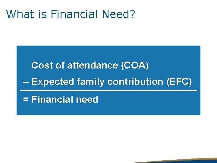 What is Financial Need? Cost of attendance (COA) – Expected family contribution (EFC) =