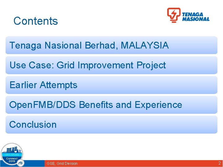 Contents Tenaga Nasional Berhad, MALAYSIA Use Case: Grid Improvement Project Earlier Attempts Open. FMB/DDS