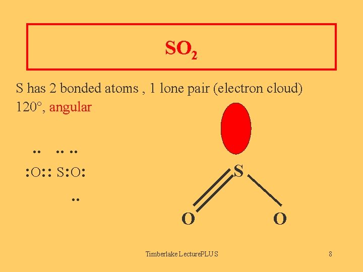 SO 2 S has 2 bonded atoms , 1 lone pair (electron cloud) 120°,