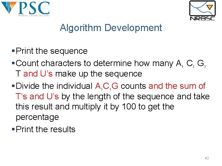 Algorithm Development §Print the sequence §Count characters to determine how many A, C, G, Algorithm Development §Print the sequence §Count characters to determine how many A, C, G,