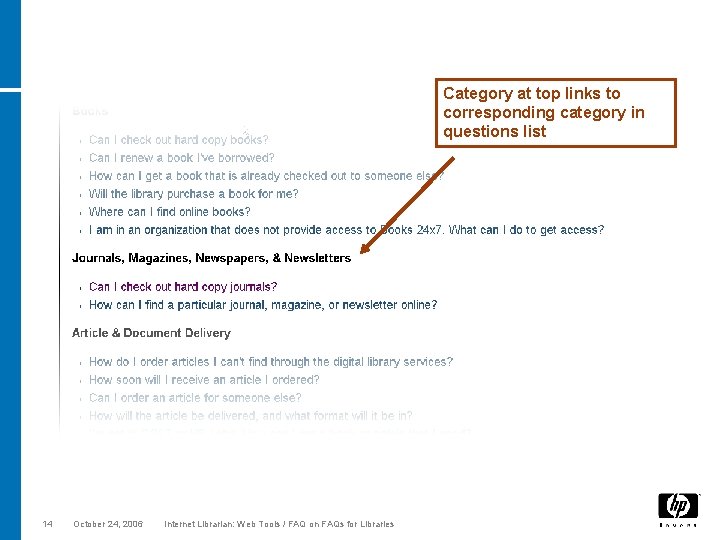 Category at top links to corresponding category in questions list 14 October 24, 2006