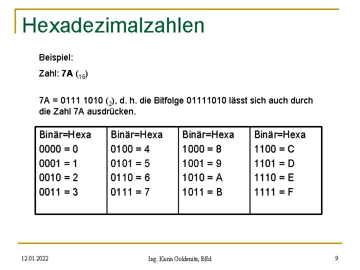 Hexadezimalzahlen Beispiel: Zahl: 7 A (16) 7 A = 0111 1010 (2), d. h.