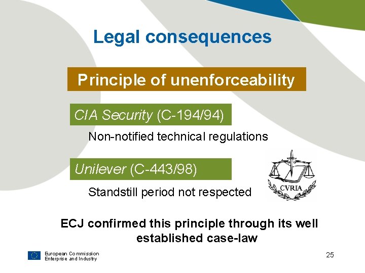 Legal consequences Principle of unenforceability CIA Security (C-194/94) Non-notified technical regulations Unilever (C-443/98) Standstill