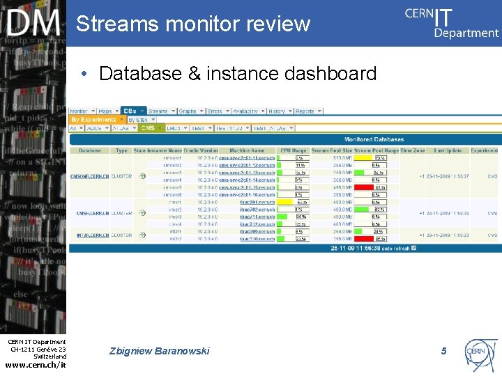 Streams monitor review • Database & instance dashboard Internet Services CERN IT Department CH-1211