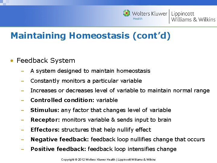 Maintaining Homeostasis (cont’d) • Feedback System – A system designed to maintain homeostasis –