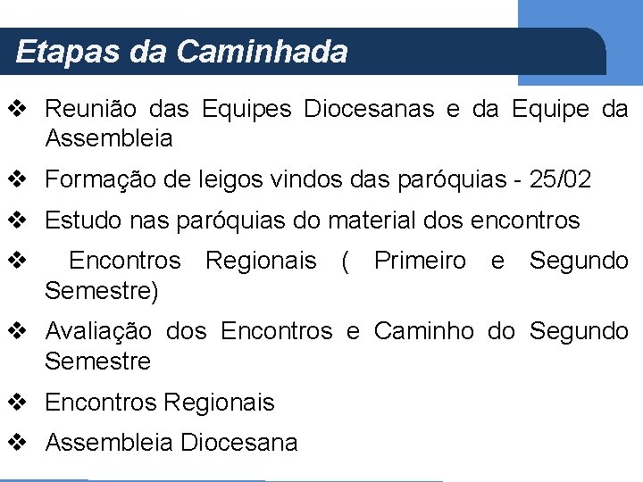 Etapas da Caminhada (Ap 5, 21) v Reunião das Equipes Diocesanas e da Equipe