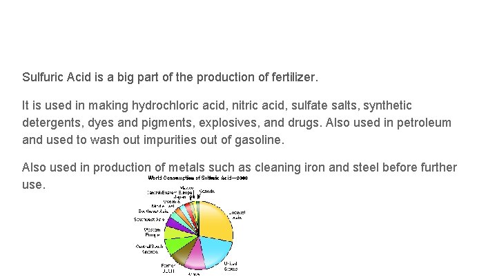 Sulfuric Acid is a big part of the production of fertilizer. It is used