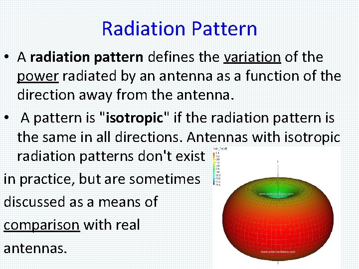 Radiation Pattern • A radiation pattern defines the variation of the power radiated by