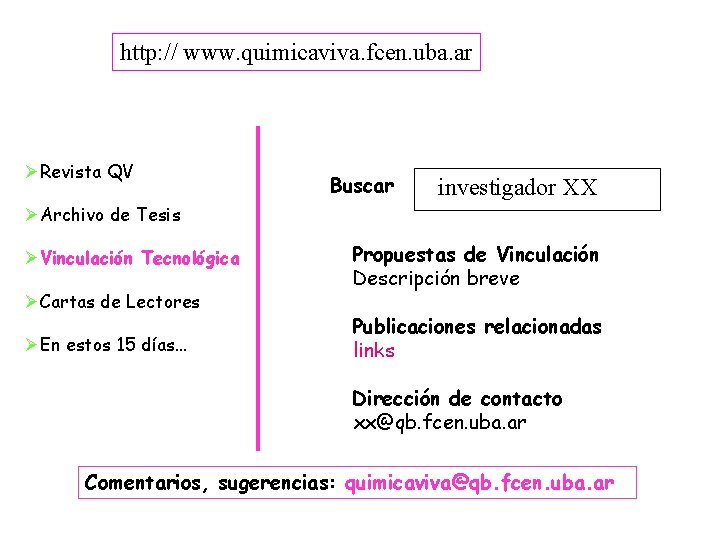 http: // www. quimicaviva. fcen. uba. ar ØRevista QV Buscar investigador XX ØArchivo de