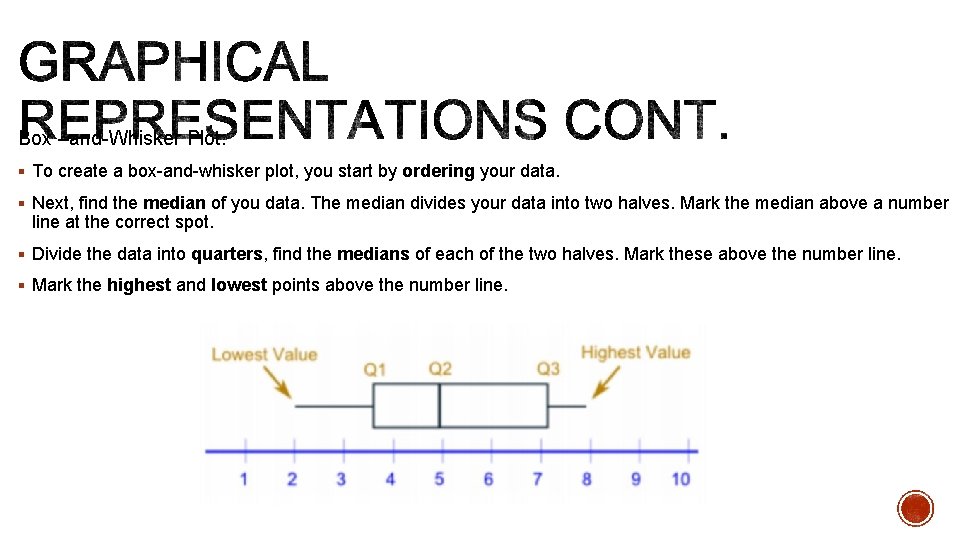 Box –and-Whisker Plot: § To create a box-and-whisker plot, you start by ordering your